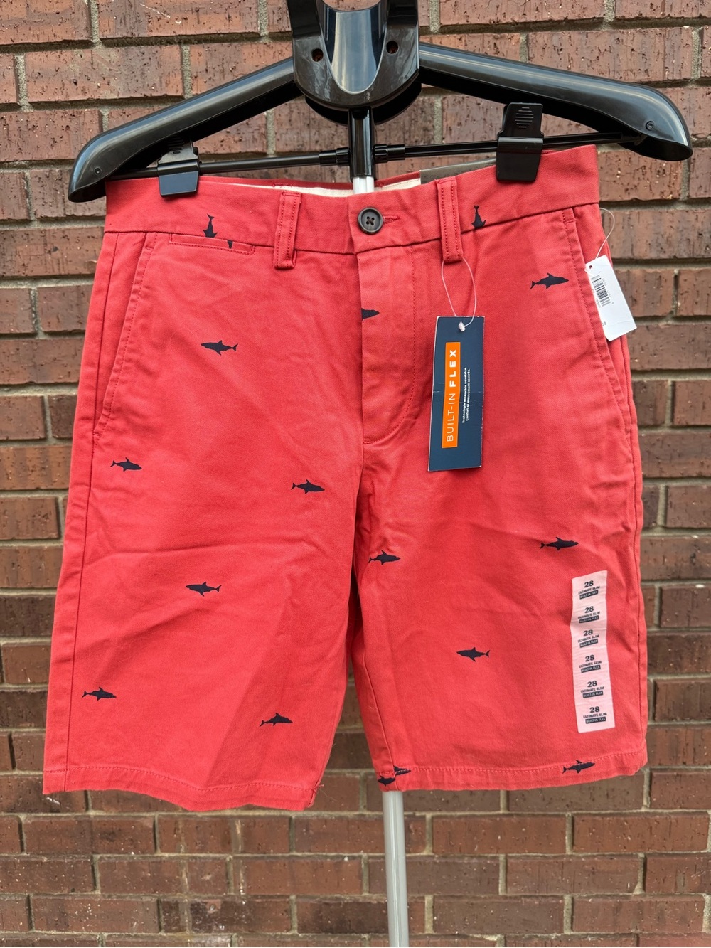Old Navy Men Shorts 28 Ultimate Slim Shark Print Coral Red Navy Chino 10" Inseam